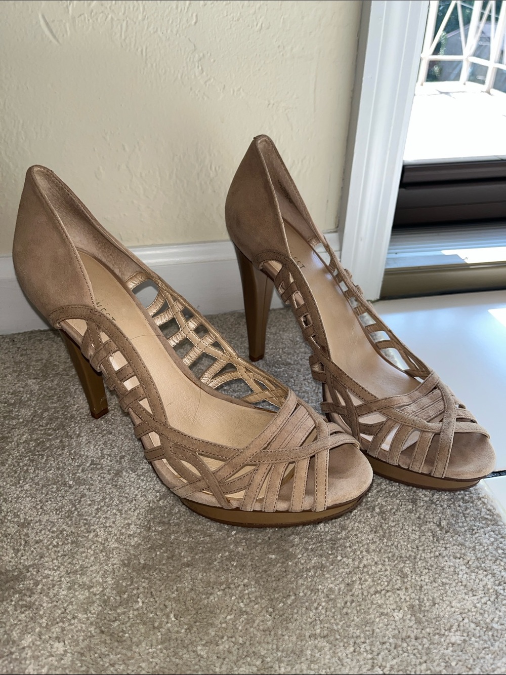 Nine WestTaupe Suede Open-Toe High Heels - Women